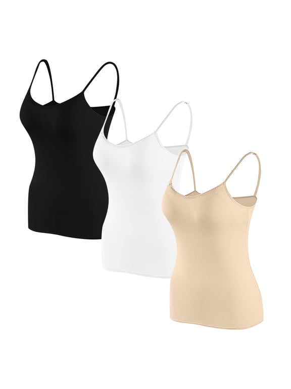 3 Pack Women's Built-In Bra Camisoles Spaghetti Strap Wireless Camis Lightweight Plain Tank Tops