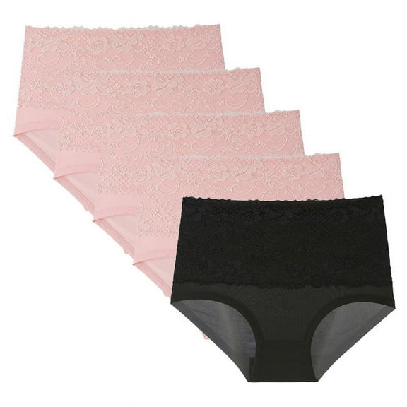 Plebaso 5 Pack High Waisted Underwear for Women Lace Full Coverage Stretch Ladies Everyday Underpants