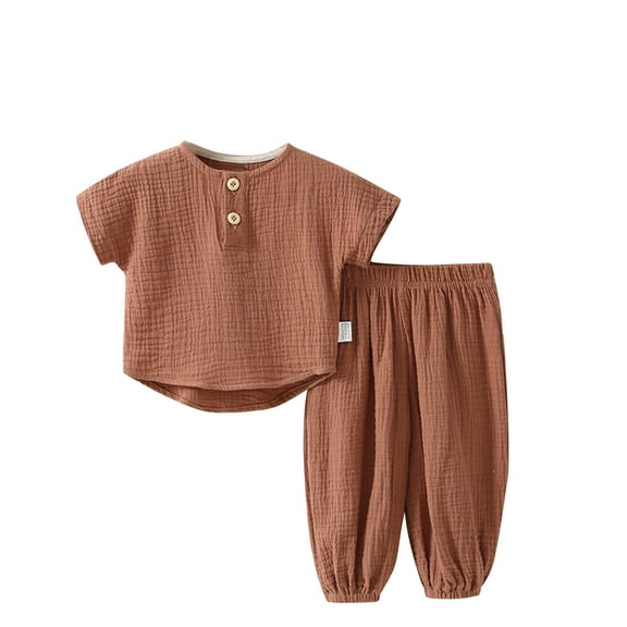 Plebaso Baby Boys Girls Cotton Gauze Two-Piece Sets Solid Color Crew-neck Short Sleeve Tops Shorts Infant Summer Clothes