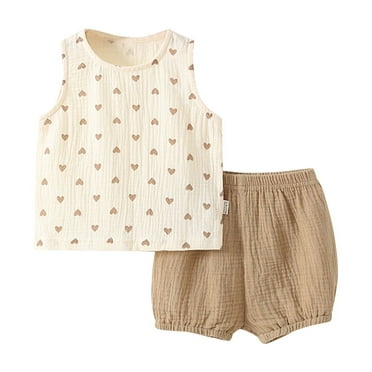 Plebaso Baby Boys Girls Full Cotton Two-Piece Sets Solid Color Crew-neck Sleeveless Tops Shorts Infant Summer Clothes