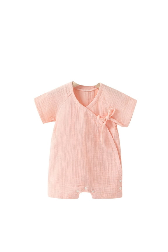 Baby Girl Boy Clothes Cotton Linen Short Sleeve Solid Color Side Tie Romper Newborn Climbing Clothes