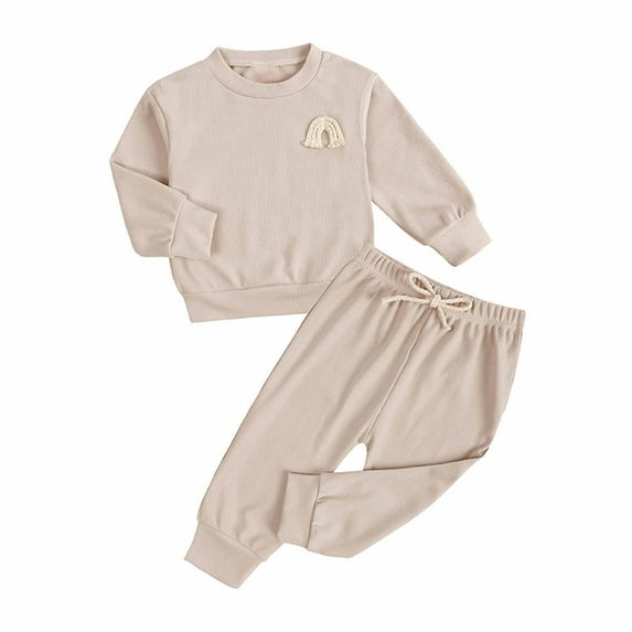 Plebaso Baby Girls Boys Round Neck Embroidered Long Sleeved Pants Set Fall Winter Solid Color Sports Outfits Baby Clothes