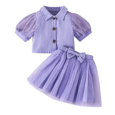 Plebaso Baby Girls Solid Color Short Shirt Bow Mesh Skirt Two-Piece Set Kids Casual Summer Clothes Suits