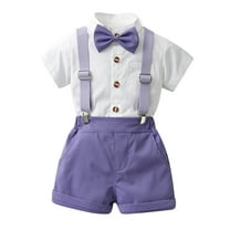 Plebaso Boys Clothes Suit Short Sleeve Dress Shirts Bowtie Suspender Shorts 3 Piece Formal Wedding Set