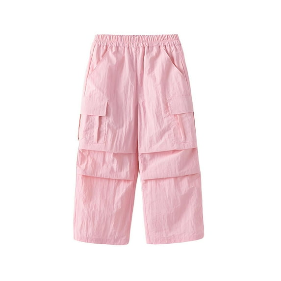 Plebaso Boys Girls Cargo Pants Lightweight Elastic Waist Kids Cute Wide Leg Pants Baggy Casual Trousers