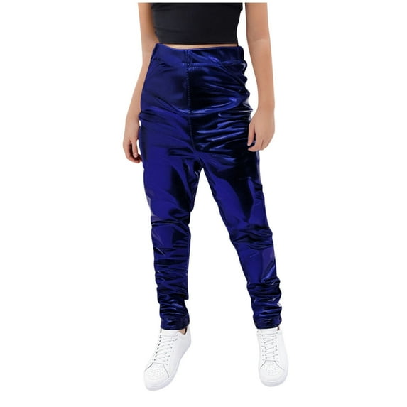 Plebaso Boys Girls Dance Pants Sparkly Casual High Waist Party Pants Shiny Club Trousers for 3-16 Years