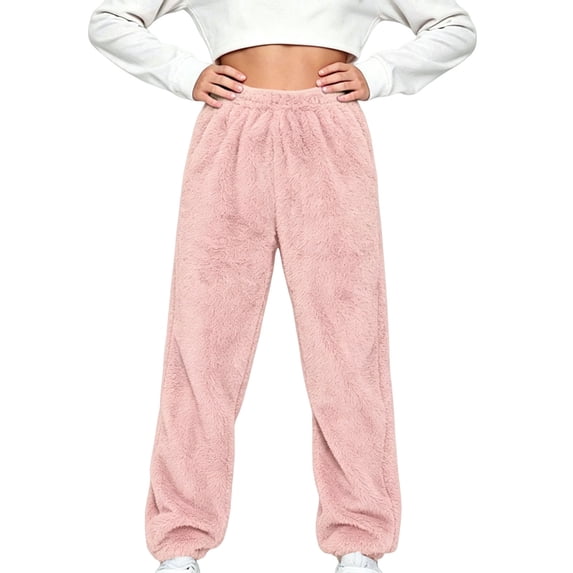 Plebaso Boys Girls Fuzzy Fleece Pants Elastic Waist Soft Lounge Joggers Fall Winter Warm Sherpa Bottoms