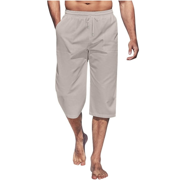 Plebaso Capri Pants for Men Drawstring Cotton Linen Casual Capris Lightweight Mens Beach Long Shorts