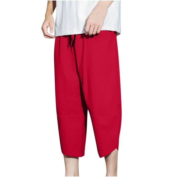Plebaso Capri Pants for Men Summer Casual Pocket Capris Solid Color Baggy Beach Trousers with Drawstring