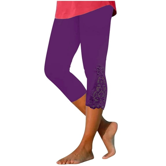 Plebaso Capri Pants for Women Stretch Yoga Leggings with Lace Hem Womens High Waisted Workout Capris