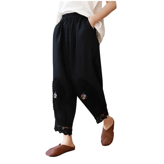 Plebaso Capris Pants for Women Solid Color Elastic Waist Summer Casual Cropped Trouser Ladies Cotton Linen Pants