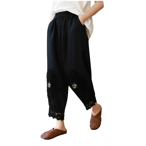 Plebaso Capris Pants for Women Solid Color Elastic Waist Summer Casual Cropped Trouser Ladies Cotton Linen Pants