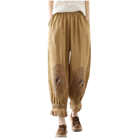 Plebaso Capris Pants for Women Solid Color Elastic Waist Summer Casual Cropped Trouser Ladies Cotton Linen Pants