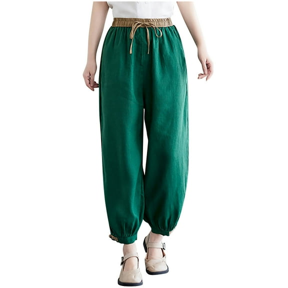 Plebaso Capris Pants for Women Solid Color Elastic Waist Summer Casual Cropped Trouser Ladies Cotton Linen Pants