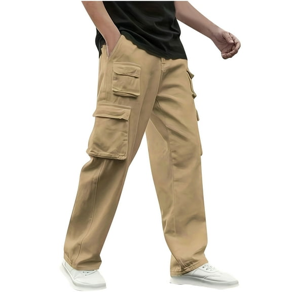 Plebaso Cargo Pants Mens Elastic Waist with Drawstring Casual Pants Open Bottom Mens Pocket Trousers