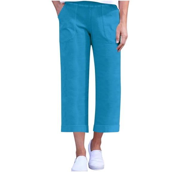 Plebaso Casual Capri Pants for Women Elastic Waist Wide Leg Cropped Pants Womens Summer Loose Trousers