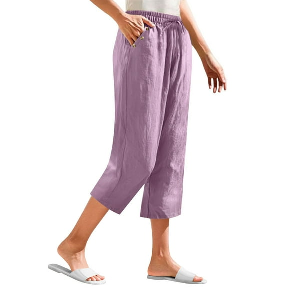 Plebaso Casual Capri Pants for Women Elastic Waist Wide Leg Cropped Trousers Drawstring with Pockets