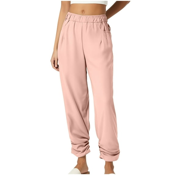 Plebaso Casual Pants for Women Cotton Linen Elastic Waist Pants Plain Lightweight Pants with Pockets
