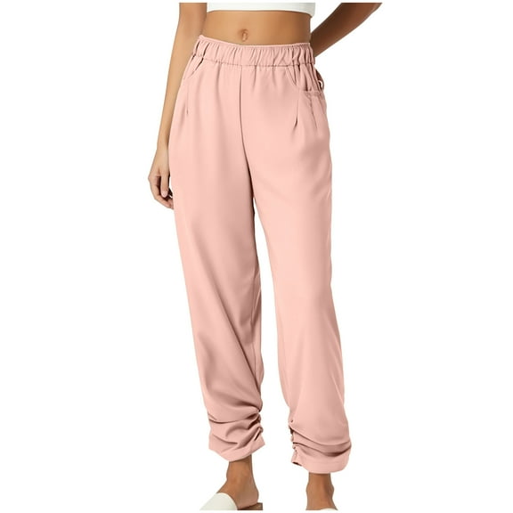 Plebaso Casual Pants for Women Cotton Linen Elastic Waist Pants Plain Lightweight Pants with Pockets