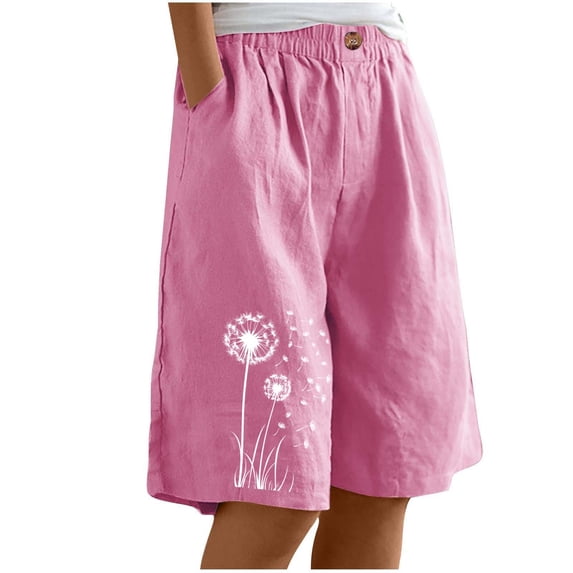 Plebaso Casual Shorts Womens Knee Length Loose Print Shorts Elastic Waist Wide Leg Shorts with Pockets