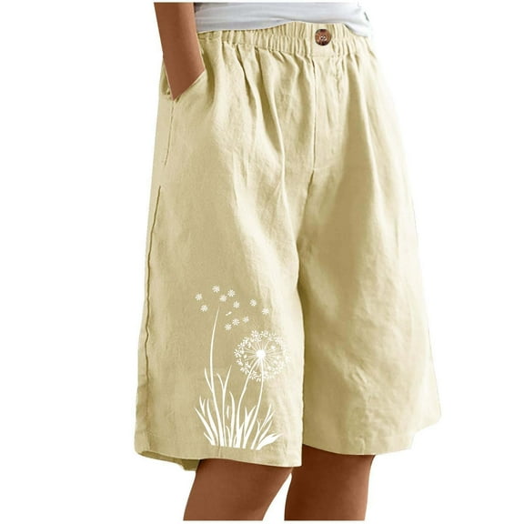 Plebaso Casual Shorts Womens Knee Length Loose Print Shorts Elastic Waist Wide Leg Shorts with Pockets