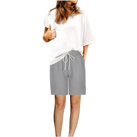 Plebaso Casual Shorts for Women High Waist Drawstring Knee Length Shorts Solid Color Summer Short Pants