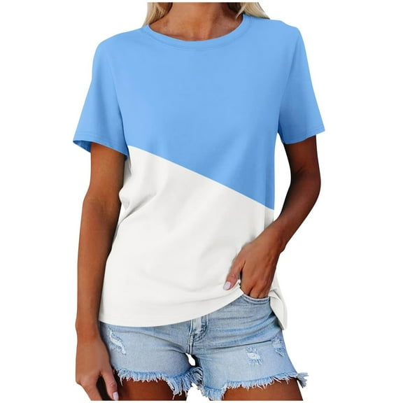 Plebaso Casual T-Shirts for Women Color Block Graphic Tees Ladies Casual Summer Loose Short Sleeve Tunic Tops