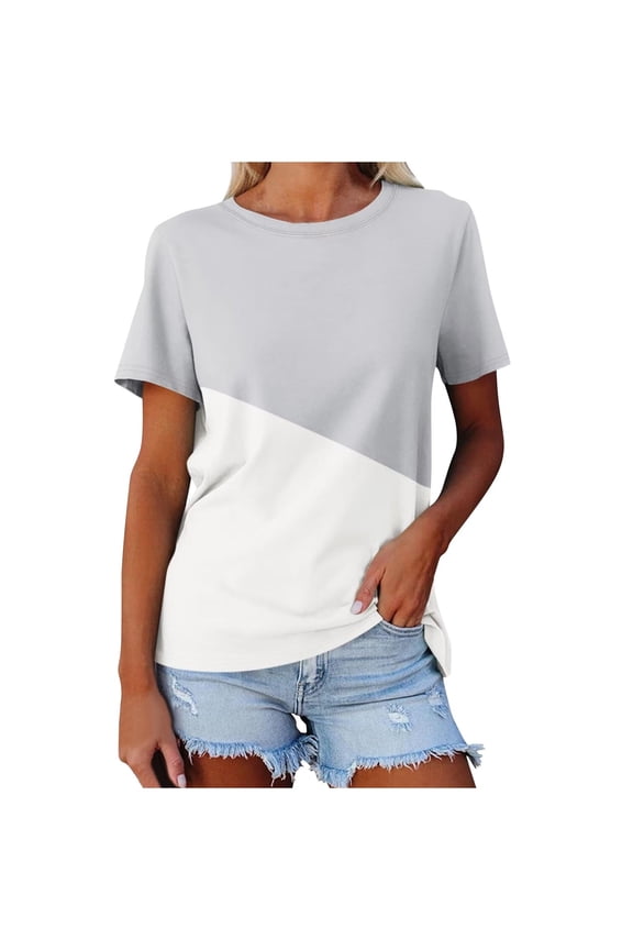 Casual T-Shirts for Women Color Block Graphic Tees Ladies Casual Summer Loose Short Sleeve Tunic Tops