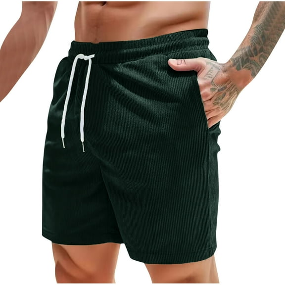 Plebaso Corduroy Shorts for Men Drawstring Casual Elastic Waist Summer Lounge Beach Shorts with Pockets