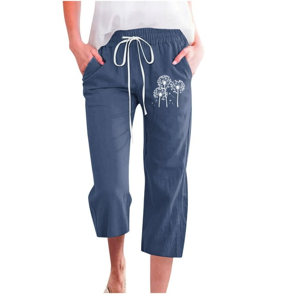 Plebaso Cotton Linen Capris for Women Casual Printed Elastic Waist Cropped Pants with Pockets Women's Lounge Pants