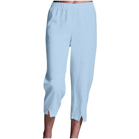 Plebaso Cotton Linen Cropped Pants for Women Elastic Waist Casual Pants Plain Summer Lightweight Capris