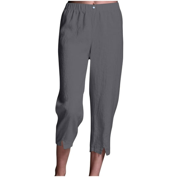 Plebaso Cotton Linen Cropped Pants for Women Elastic Waist Casual Pants Plain Summer Lightweight Capris