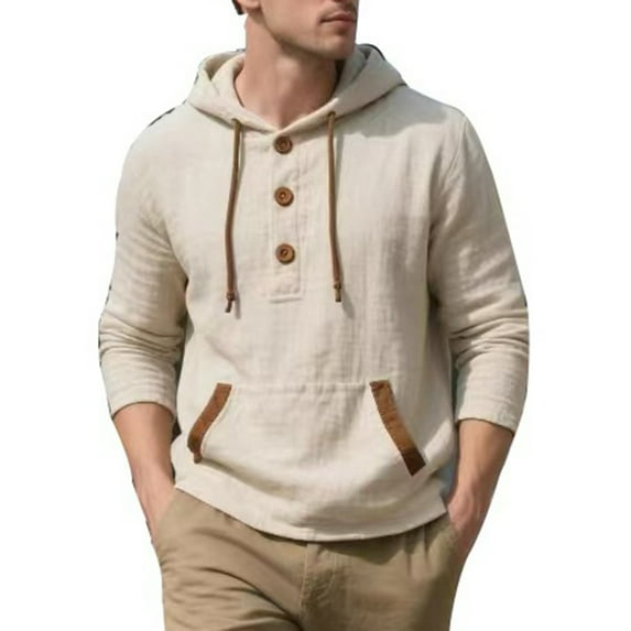 Plebaso Cotton Linen Hoodies for Men Long Sleeve Pullover Casual Button up Hooded Shirts with Pocket