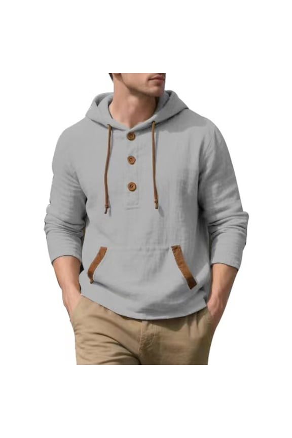 Cotton Linen Hoodies for Men Long Sleeve Pullover Casual Button up Hooded Shirts with Pocket