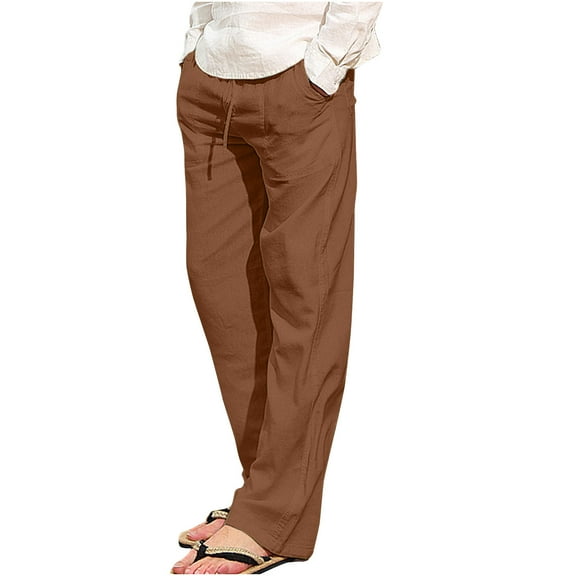 Plebaso Cotton Linen Pants for Men Elastic Waist Drawstring Trousers Straight Leg Casual Beach Pants