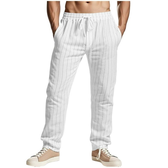 Plebaso Cotton Linen Pants for Men Elastic Waist Stripe Casual Pants Mens Drawstring Beach Summer Trousers