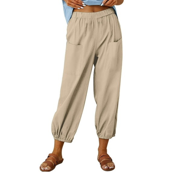 Plebaso Cotton Linen Pants for Women Casual Solid Color Elastic Waist Button Straight Leg Pants Women's Loose Nine-point Pants