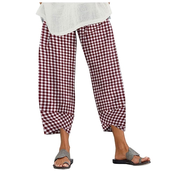 Plebaso Cotton Linen Pants for Women Casual Solid Color Elastic Waist Wide Leg Pants Women's Loose Nine-point Pants