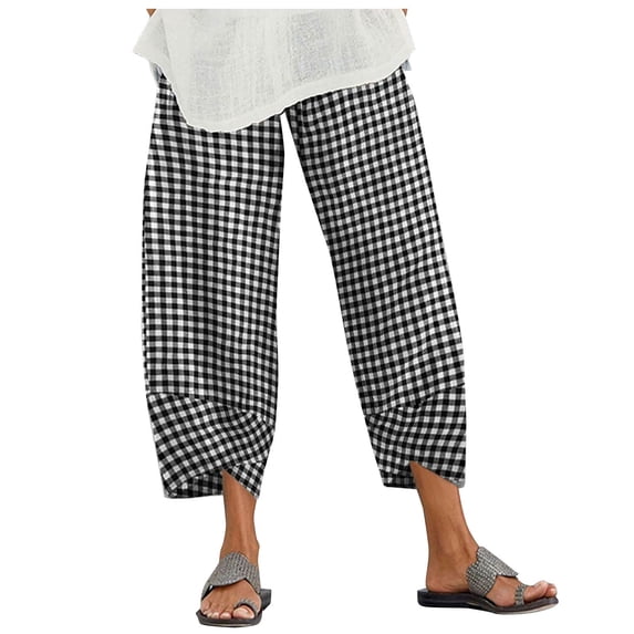Plebaso Cotton Linen Pants for Women Casual Solid Color Elastic Waist Wide Leg Pants Women's Loose Nine-point Pants
