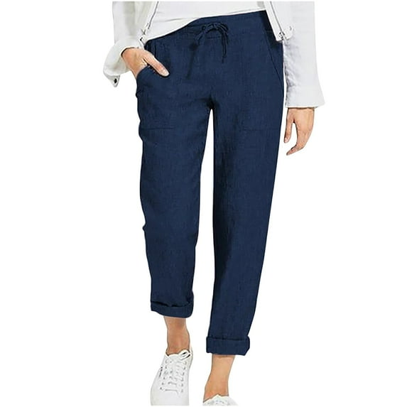 Plebaso Cotton Linen Pants for Women Plus Size Solid Color High Waist Nine-point Trousers Ladies Casual Loose Pants