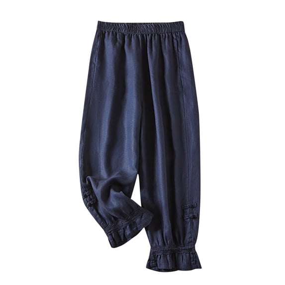 Plebaso Cotton Linen Pants for Women Solid Color Button Work Trousers Ladies Casual Loose Lounge Pants