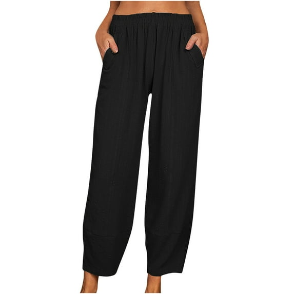Plebaso Cotton Linen Pants for Women Solid Color Elastic Waist Nine-point Lounge Trousers Ladies Casual Pants with Pockets
