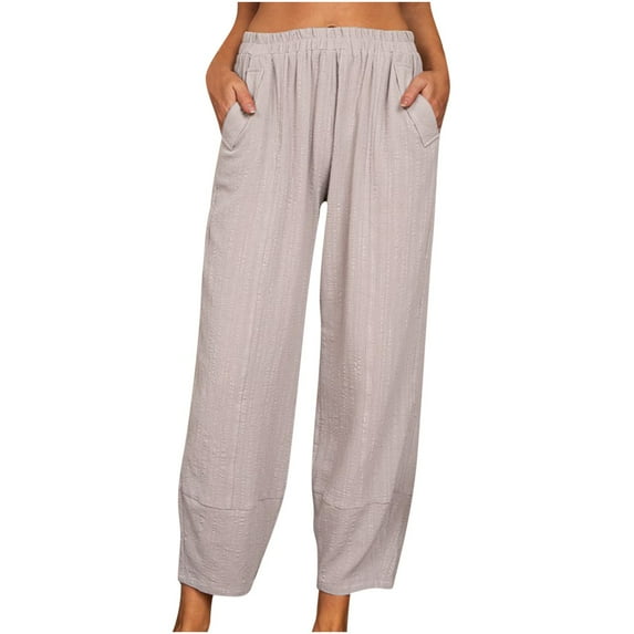 Plebaso Cotton Linen Pants for Women Solid Color Elastic Waist Nine-point Lounge Trousers Ladies Casual Pants with Pockets