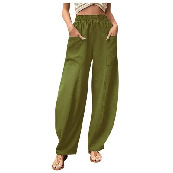 Plebaso Cotton Linen Pants for Women Solid Color Elastic Waist Overalls Trousers Ladies Casual Loose Pants with Pockets