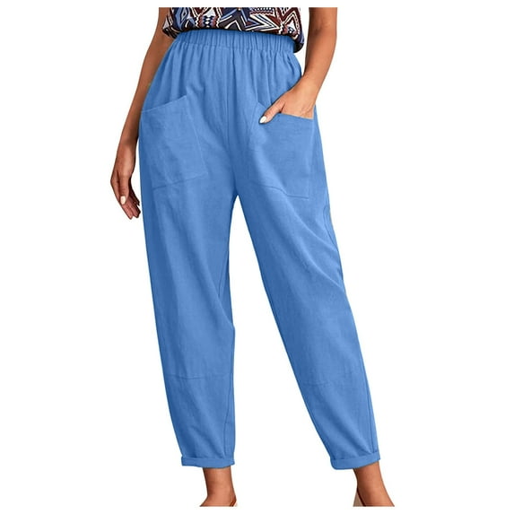 Plebaso Cotton Linen Pants for Women Solid Color Elastic Waist Straight Leg Cropped Trousers Pocket Ladies Casual Pants