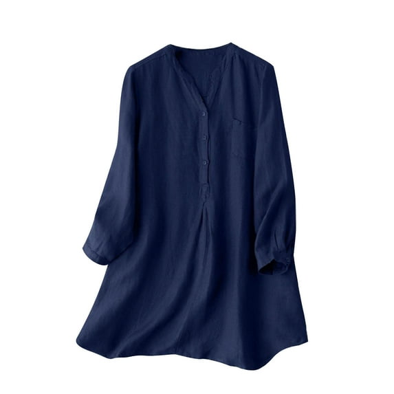 Plebaso Cotton Linen Shirts for Women Button V Neck Long Sleeve Shirt Casual Summer Coverup Beach Vacation