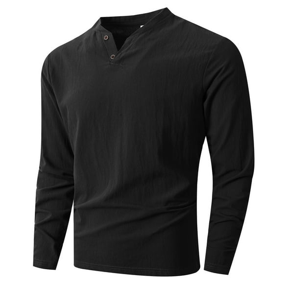 Plebaso Cotton Linen T Shirts for Men V Neck Long Sleeve Basic Tee Mens Lightweight Plain Casual Tops
