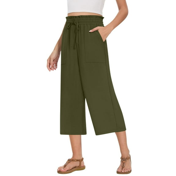 Plebaso Cropped Pants for Women High Waist Wide Leg Pants Drawstring Loose Casual Capri Pants with Pockets