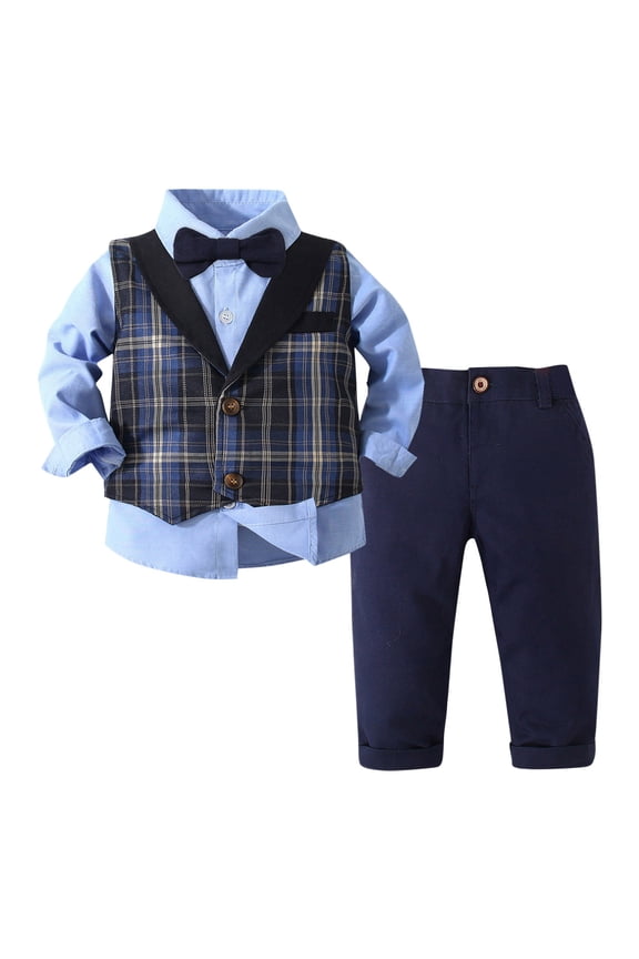 Dress Clothes Suits for Toddler Boy 4-Piece Collared Shirts Bow Tie Vest and Long Pants Formal Outfits