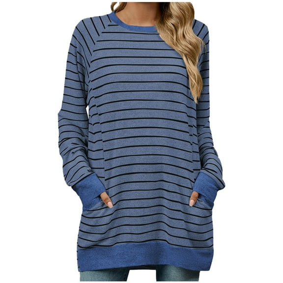 Plebaso Fall Winter Womens Long Sleeve Shirts Pockets T-Shirts Striped Graphic Tees Pullover Shirts